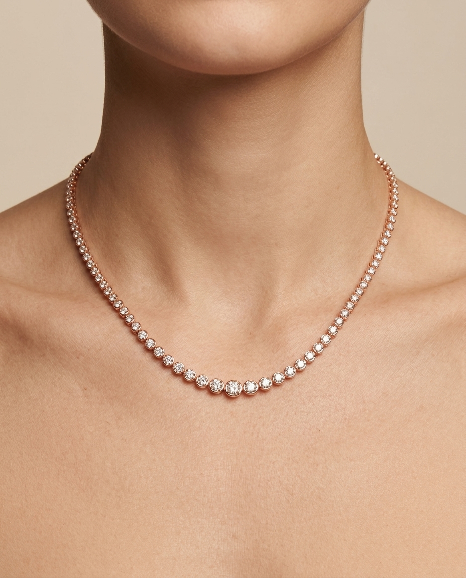 14KT Rose Gold Diamonds Graduated Necklace on model