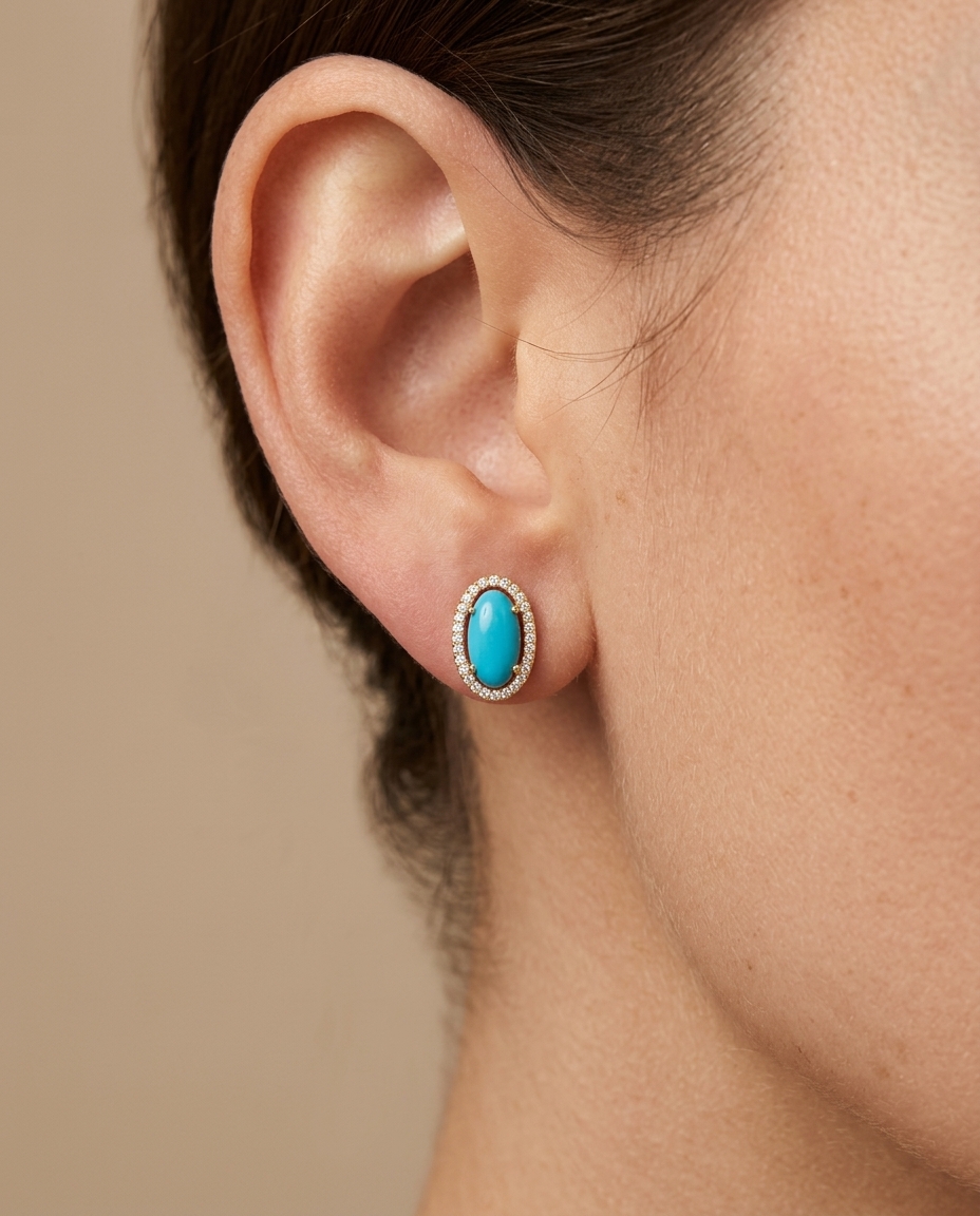 14KT Yellow Gold Turquoise and Diamonds Earring on model