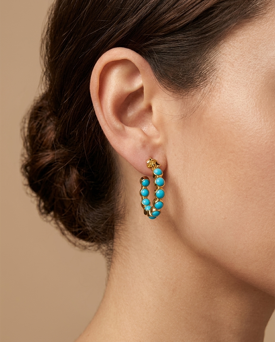 18KT Yellow Gold Turquoise Earring on model