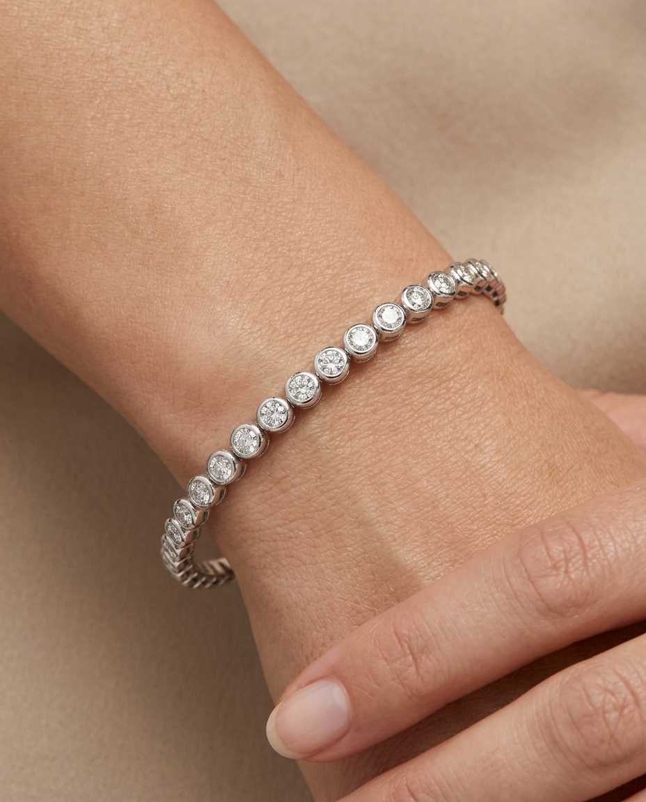 14KT White Gold Diamond Bezel Bangle on model