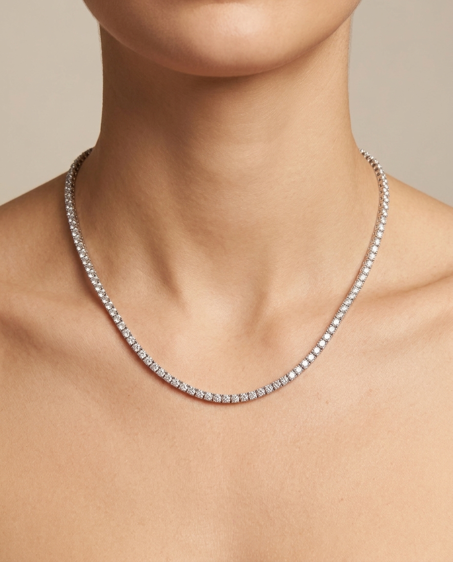 14KT White Gold Diamond Slider Tenis Necklace on model