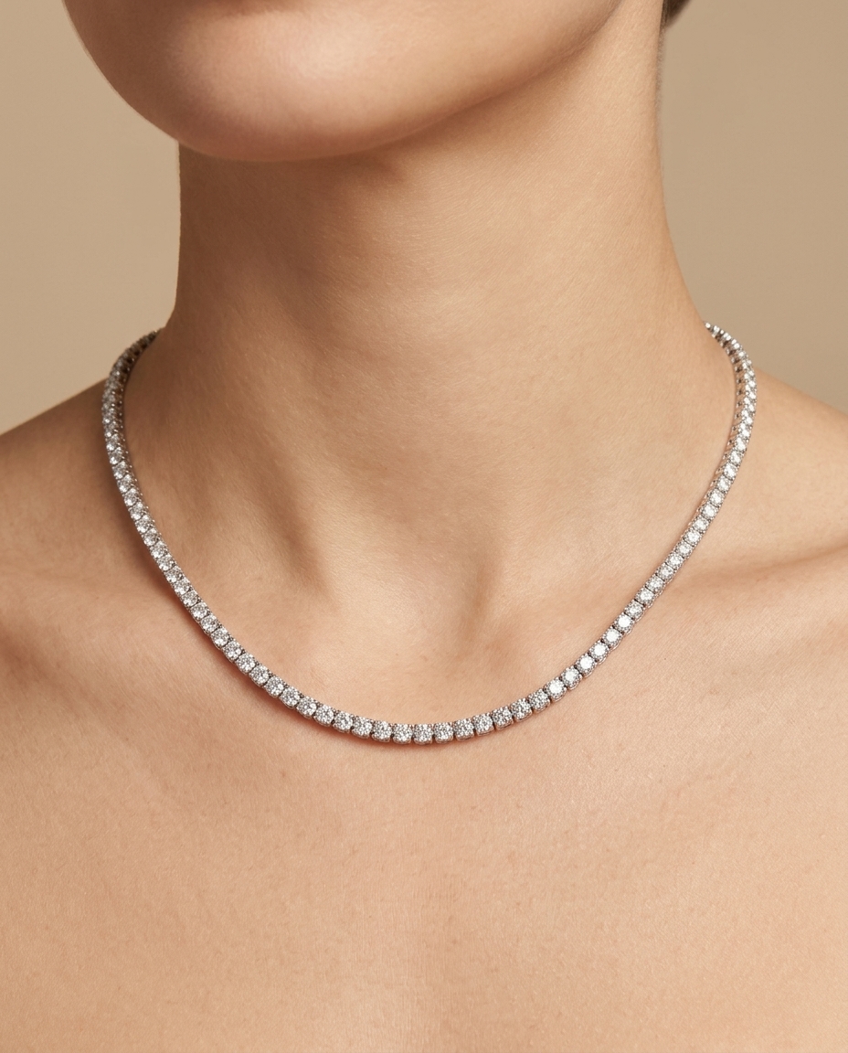 14KT White Gold Diamond Slider Tenis Necklace on model