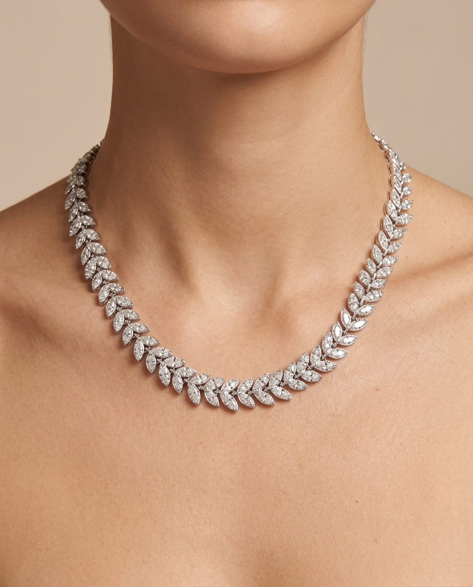14KT White Gold Diamond Leaf Necklace on model