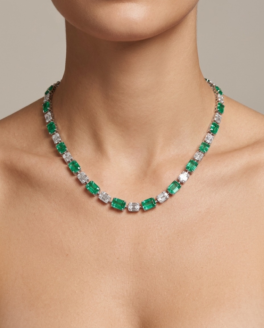 18KT White Gold Emerald and Diamond Necklace on model