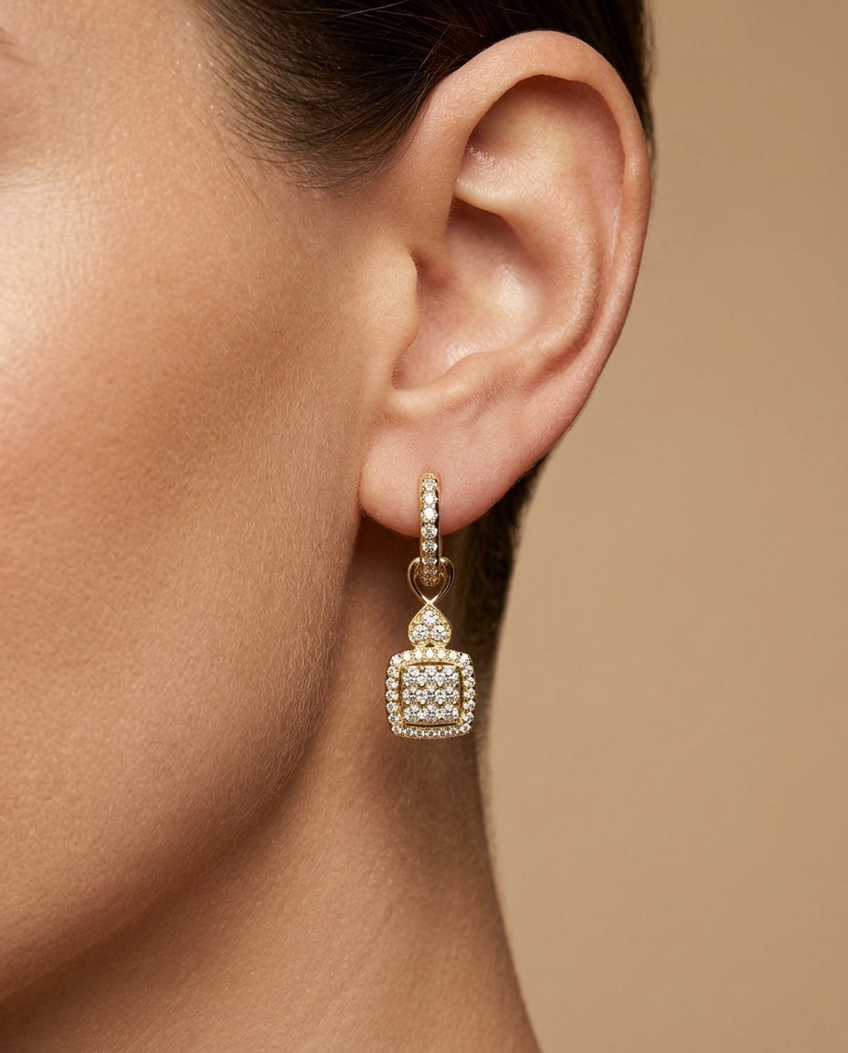 14KT Yellow Gold Diamond Dangling Earring on model