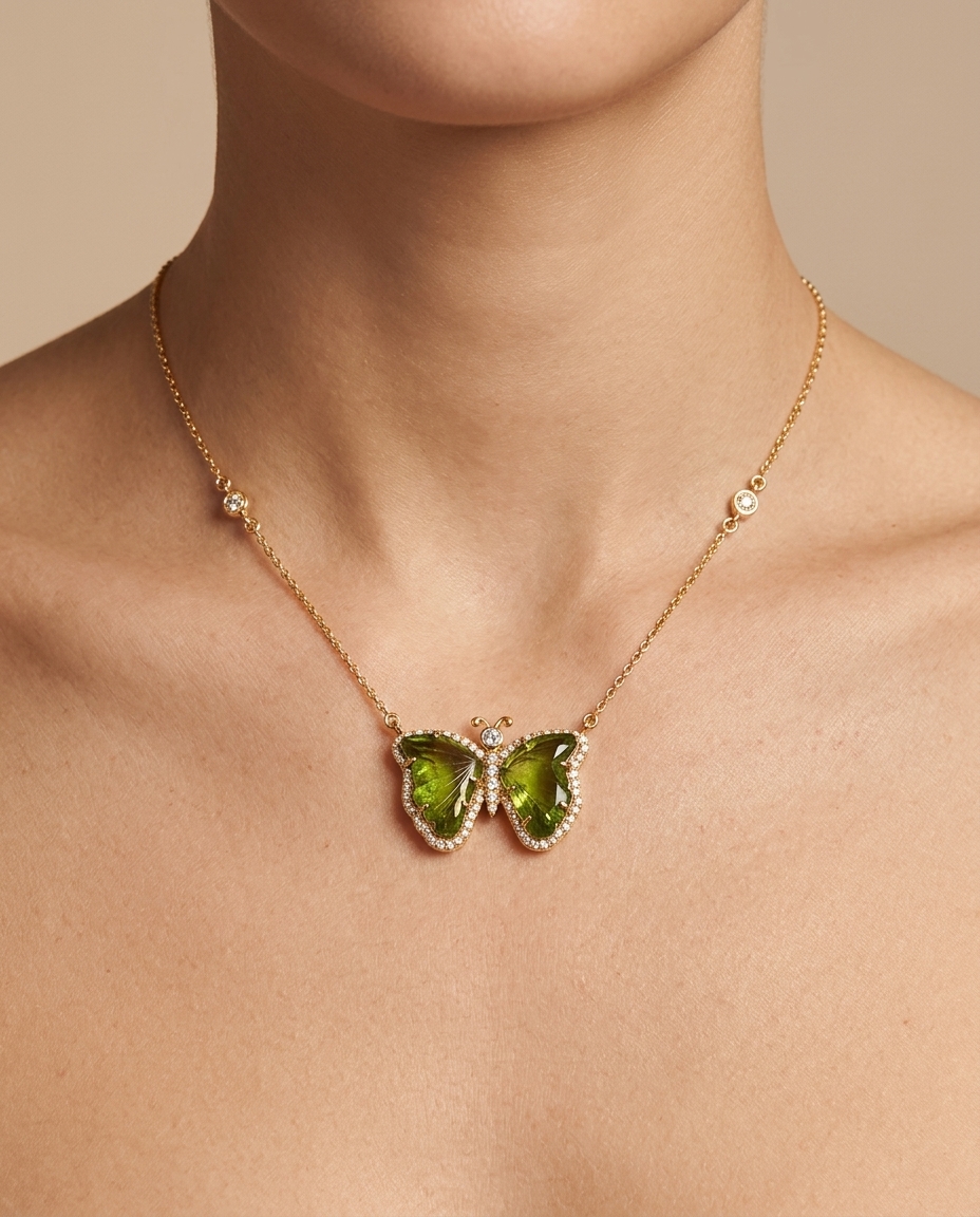 14KT Yellow Gold Watermelon Tourmaline and Diamonds Butterfly Necklace on model