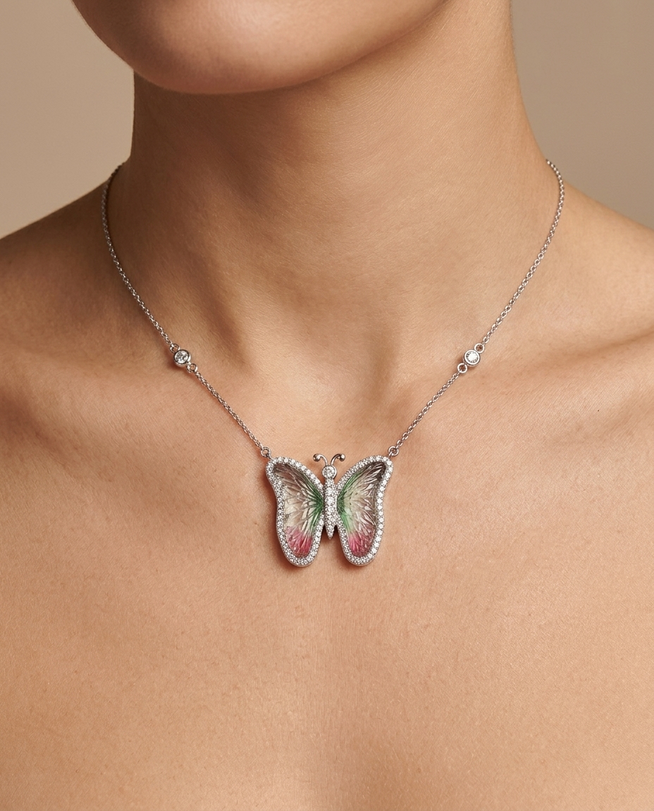 14KT White Gold Watermelon Tourmaline and Diamonds Butterfly Necklace on model