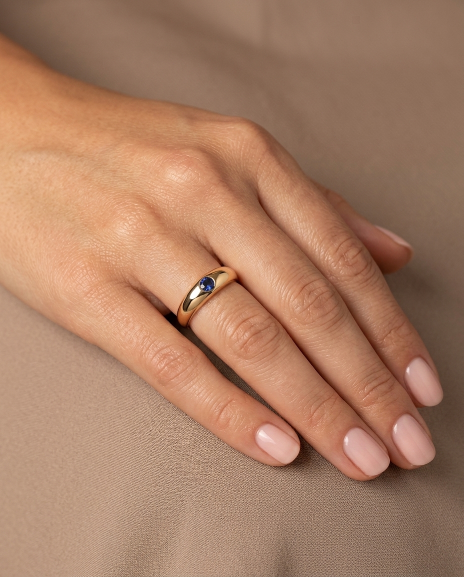 14KT Gold Blue Sapphire Ring on model