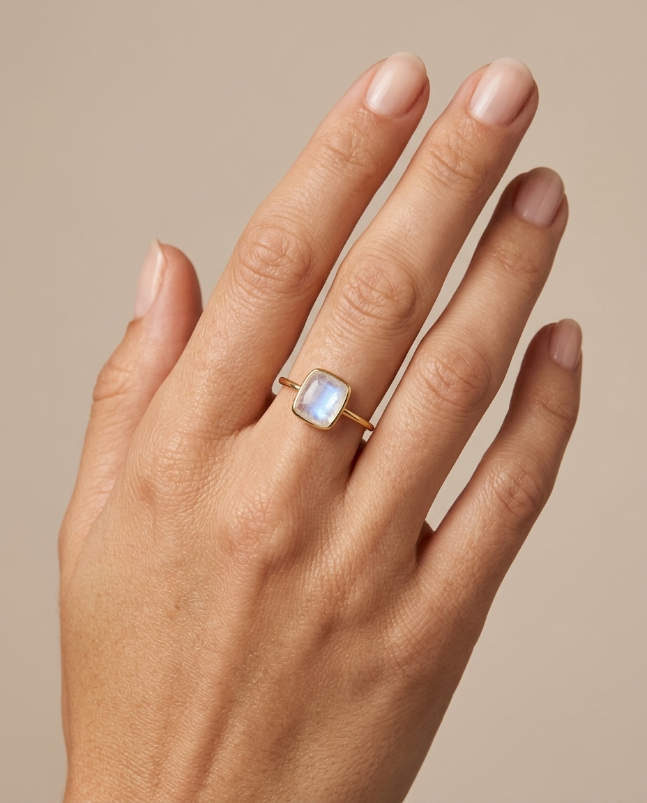 14KT Yellow Gold Rainbow Moonstone Ring on model