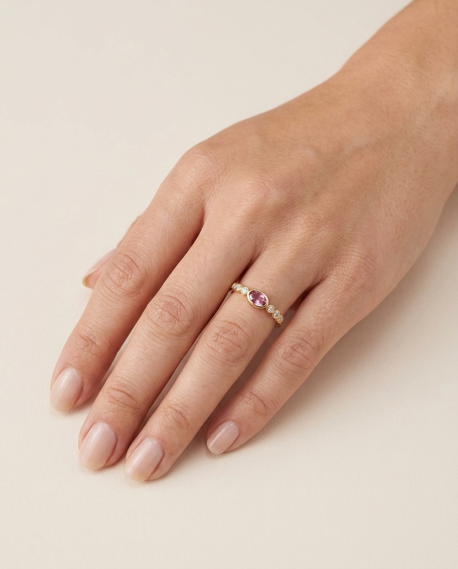 14KT Yellow Gold Pink Sapphire and Diamonds Ring on model