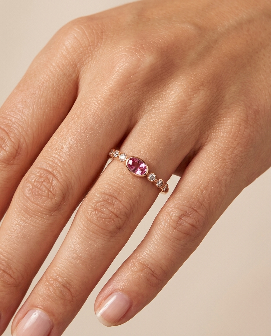 14KT Yellow Gold Tourmaline Ring with Diamonds on model