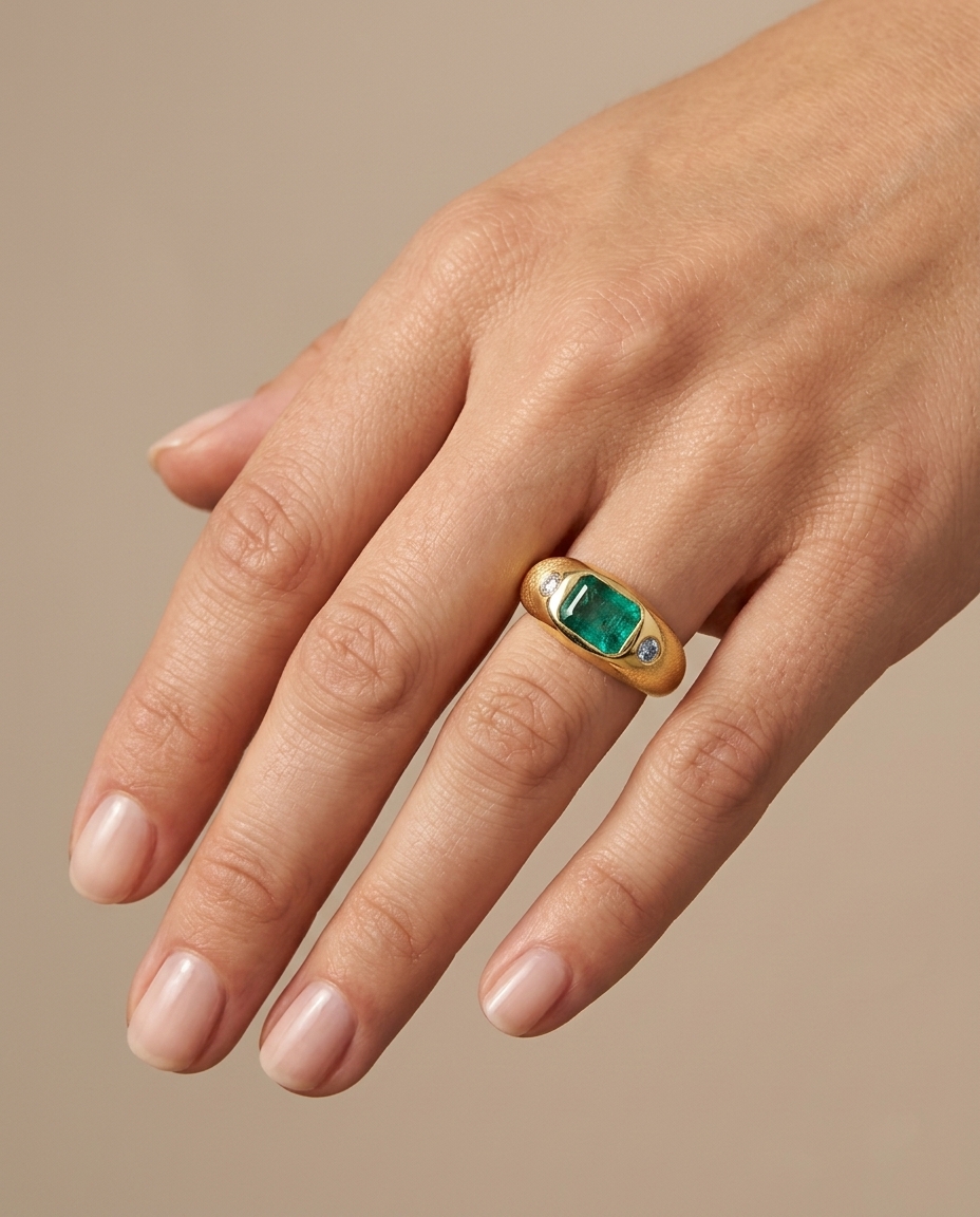 14KT Yellow Gold Emerald Ring with Diamonds on model