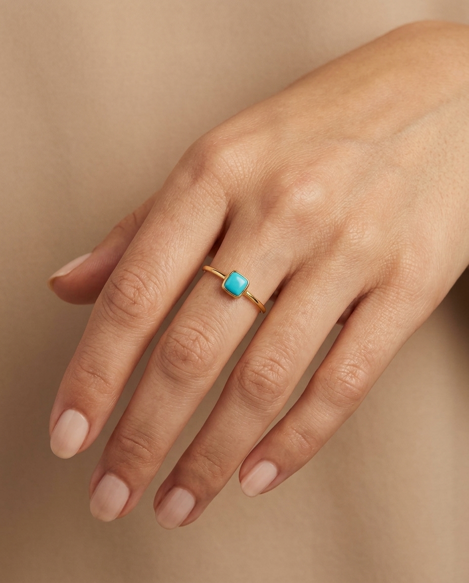 14KT Yellow Gold Turquoise Ring on model