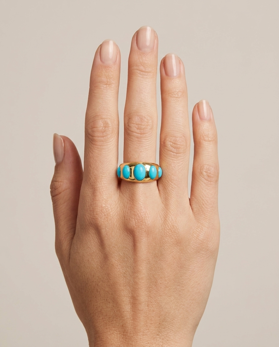 14KT Yellow Gold Torquoise Gypsy Style Ring on model