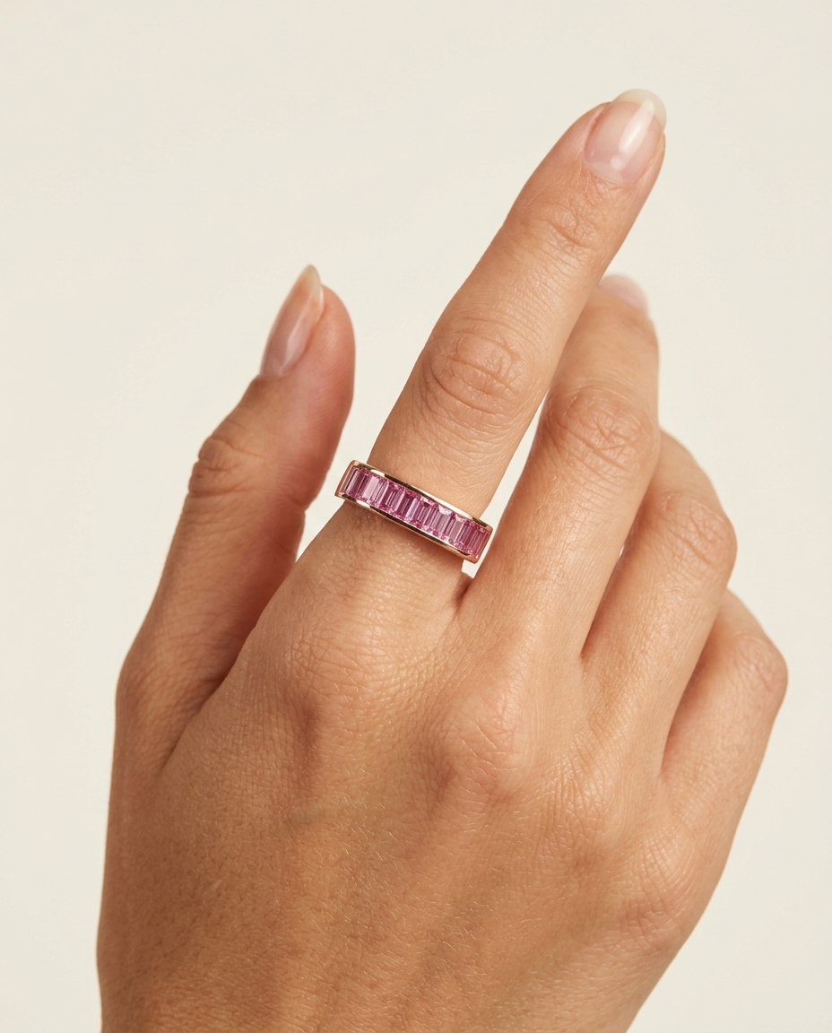 18KT Yellow Gold Pink Sapphire Baguette Ring on model