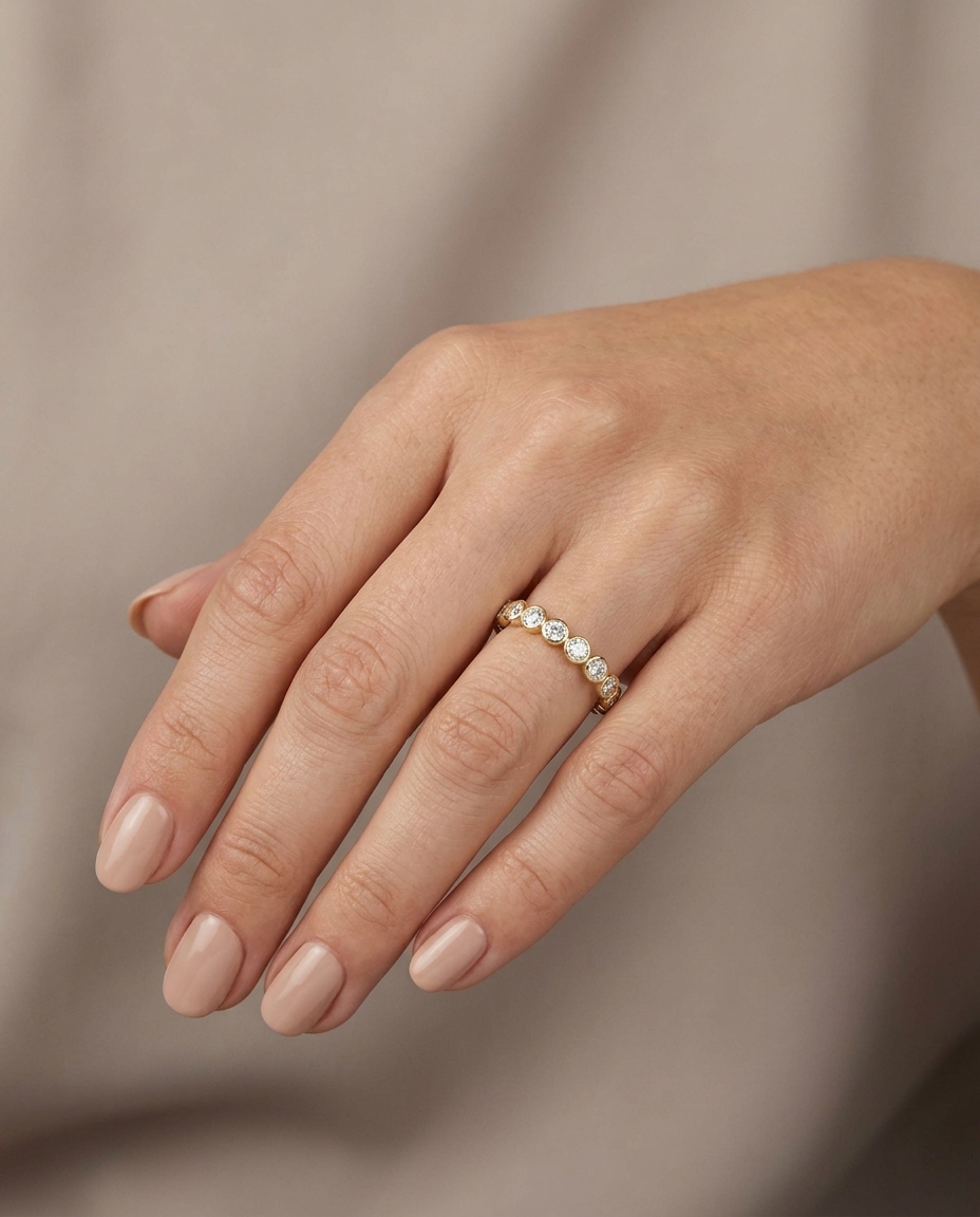 18KT Gold Diamond Bezel Eternity Band on model