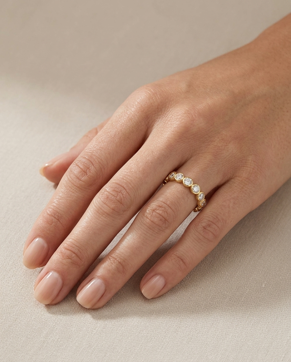 18KT Gold Diamond Bezel Eternity Band on model