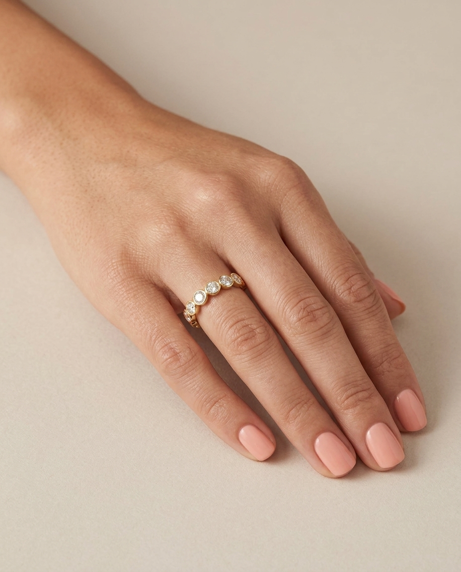 18KT Gold Diamond Bezel Eternity Band on model
