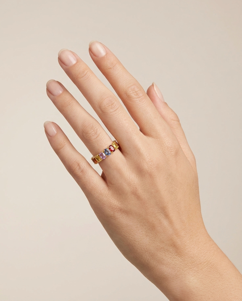 14KT Yellow Gold Multi Sapphire Ring on model