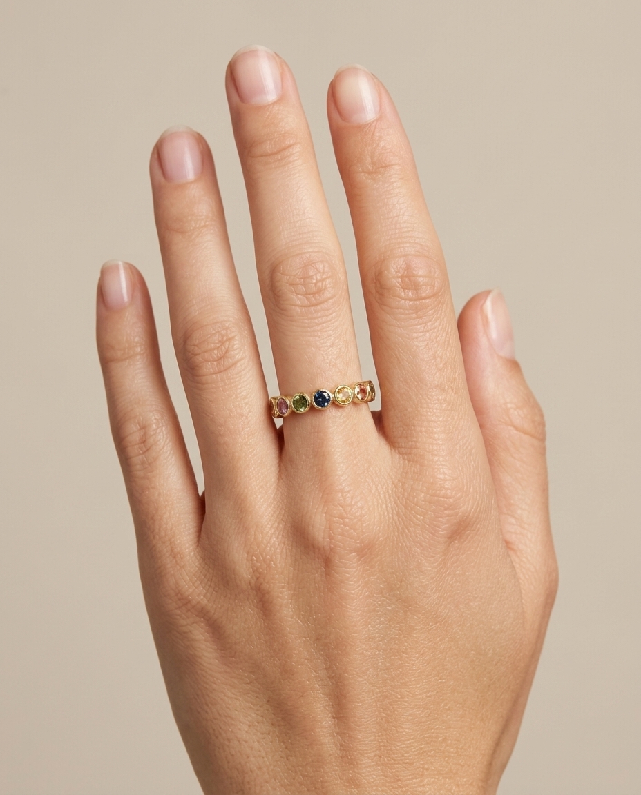 14KT Yellow Gold Multi Sapphire Round Bezel Band on model