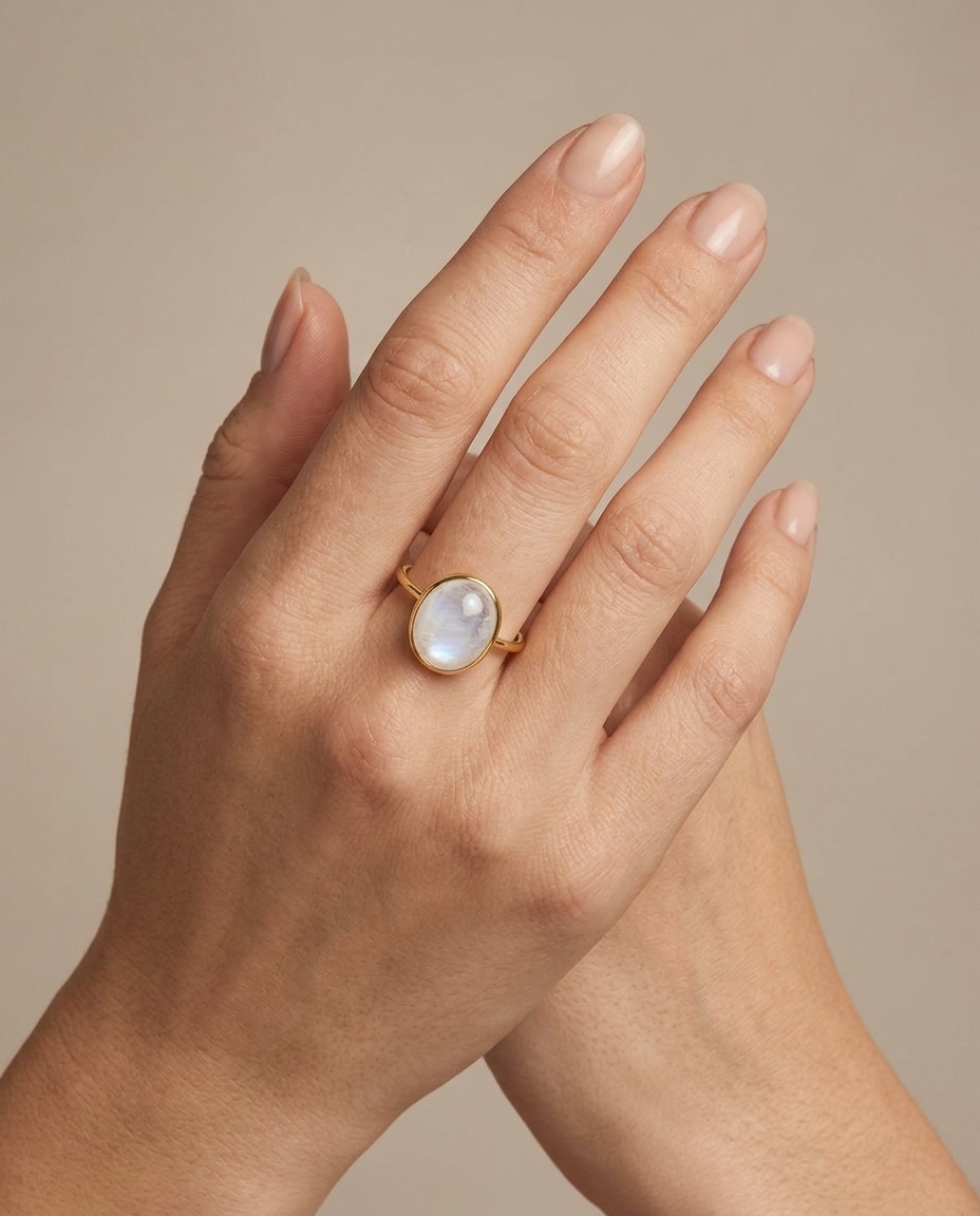 14KT Yellow Gold Rainbow Moonstone Ring on model