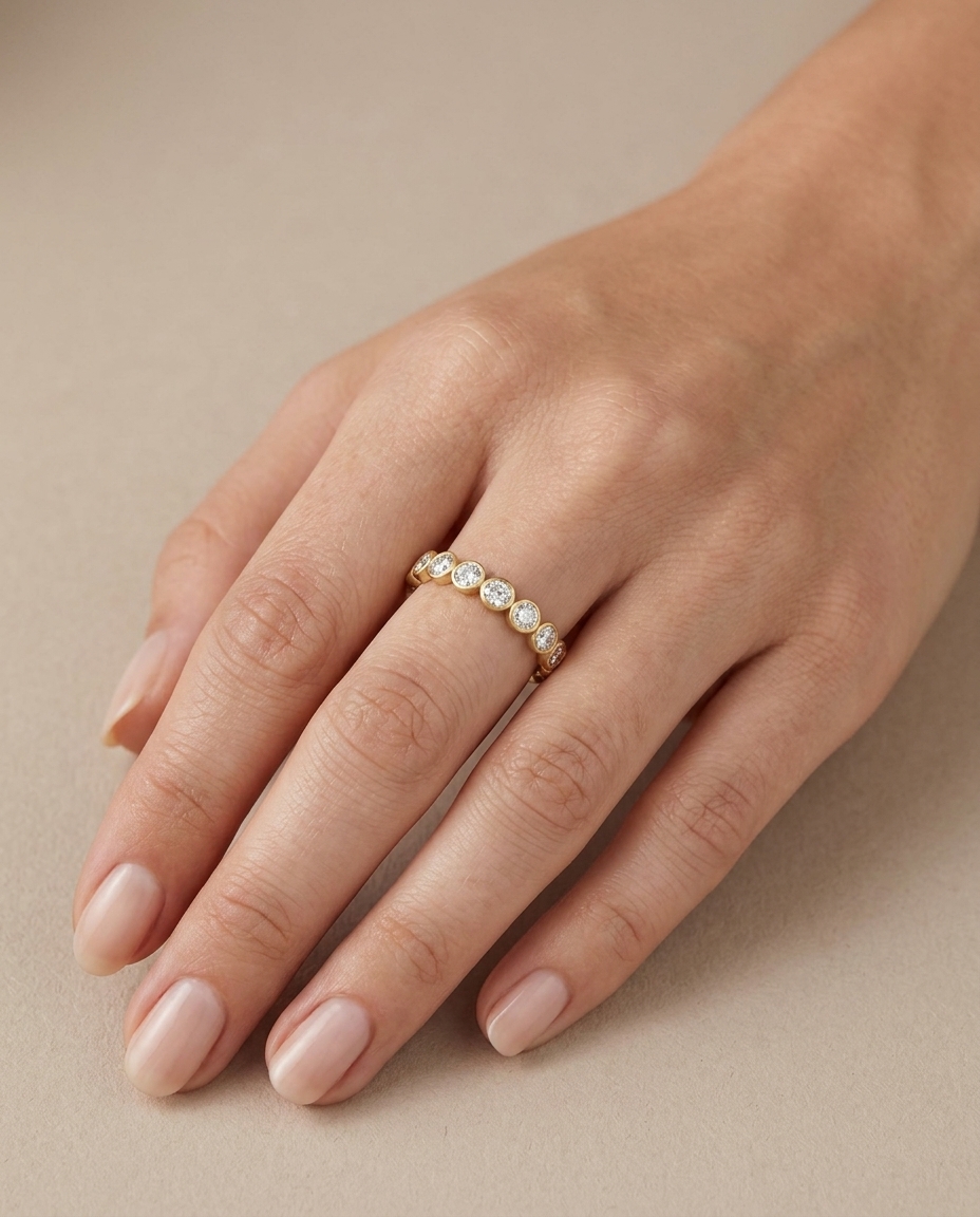 18KT Gold Diamond Bezel Eternity Band on model