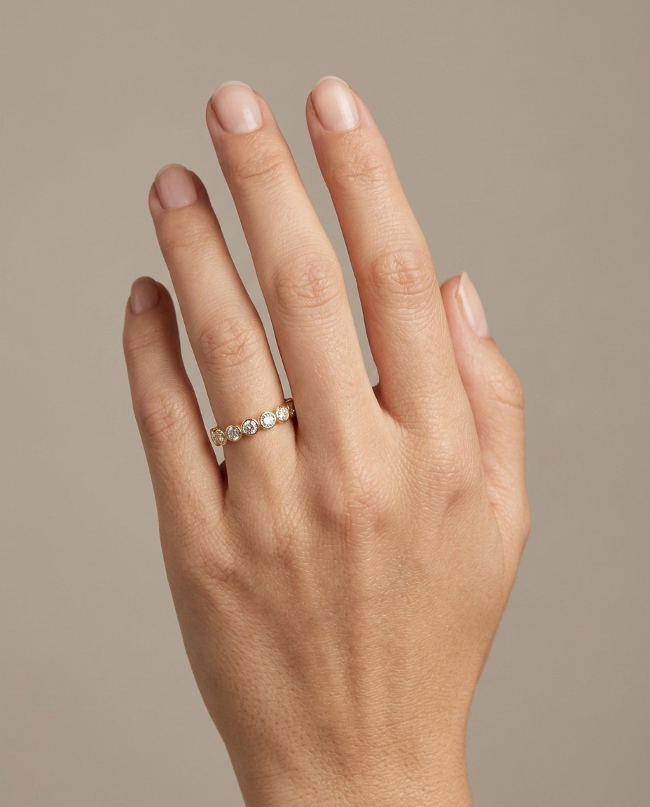 18KT Gold Diamond Bezel Eternity Band on model