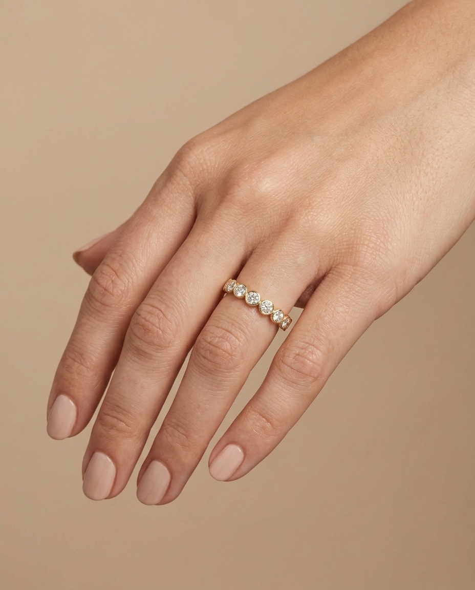 18KT Gold Diamond Bezel Eternity Band on model