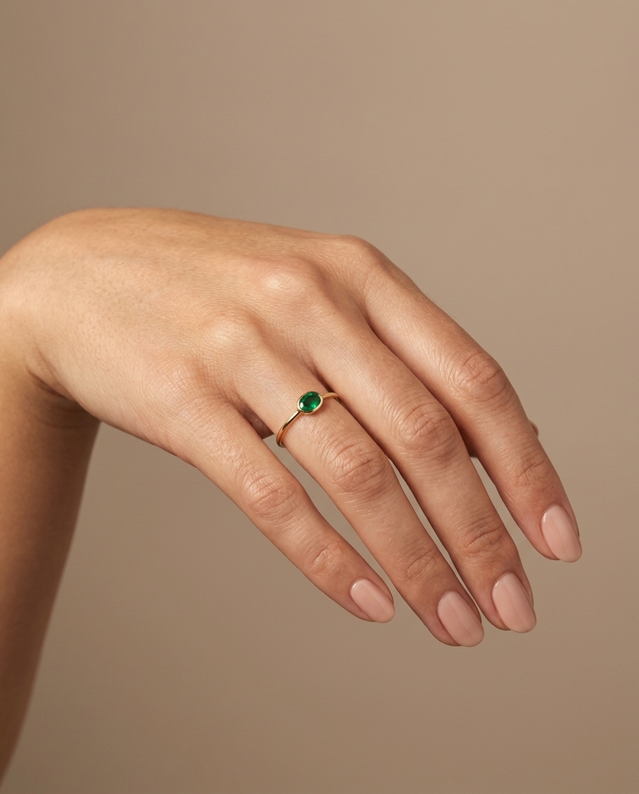 18KT Yellow Gold Green Sapphire Ring on model