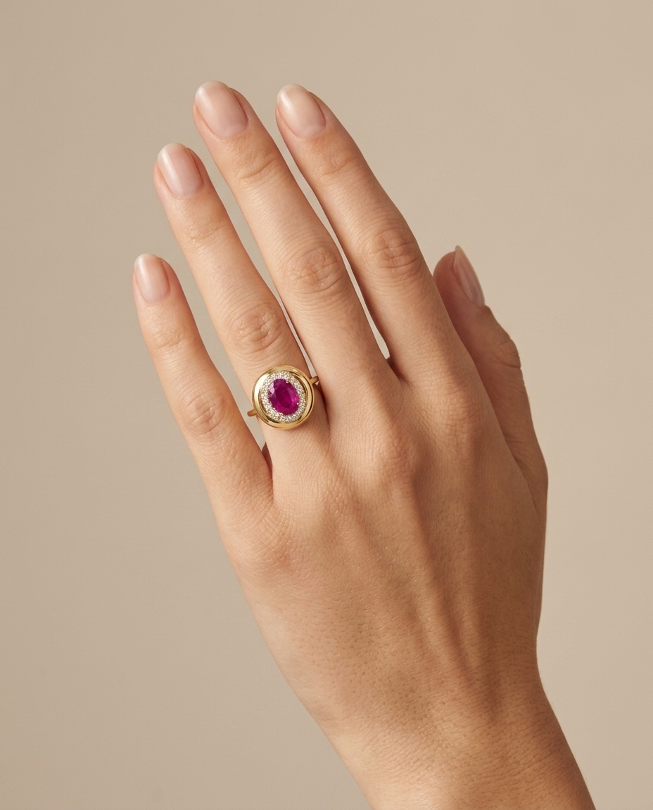 14KT Yellow Gold Diamond and Ruby Ring on model