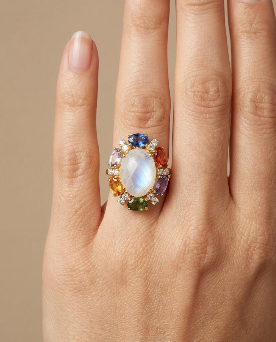 14KT Yellow Gold Multi SAPPHIRE, Rainbow Moonstone and Diamond Ring on model