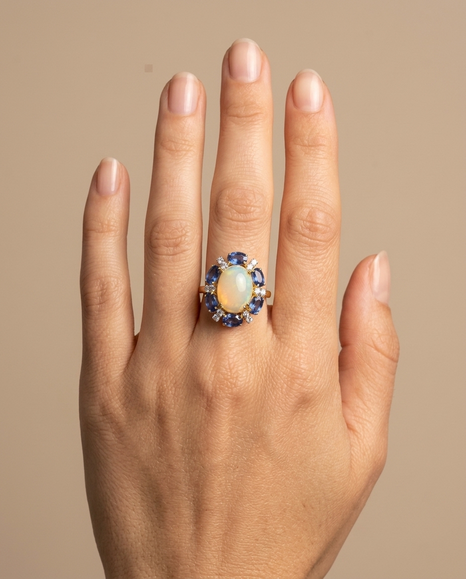14KT Yellow Gold SAPPHIRE, Opal and Diamond Ring on model