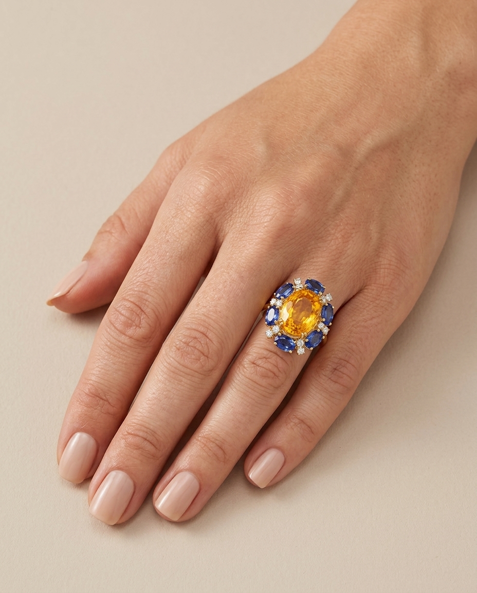 14KT Yellow Gold Blue SAPPHIRE, Citrine and Diamond Ring on model