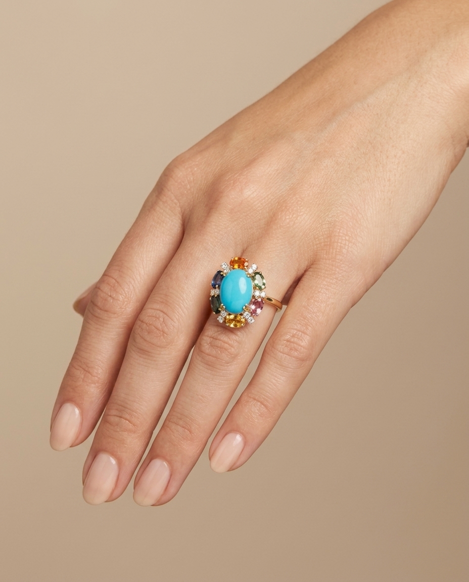 14KT Yellow Gold Multi SAPPHIRE, Turquoise and Diamond Ring on model