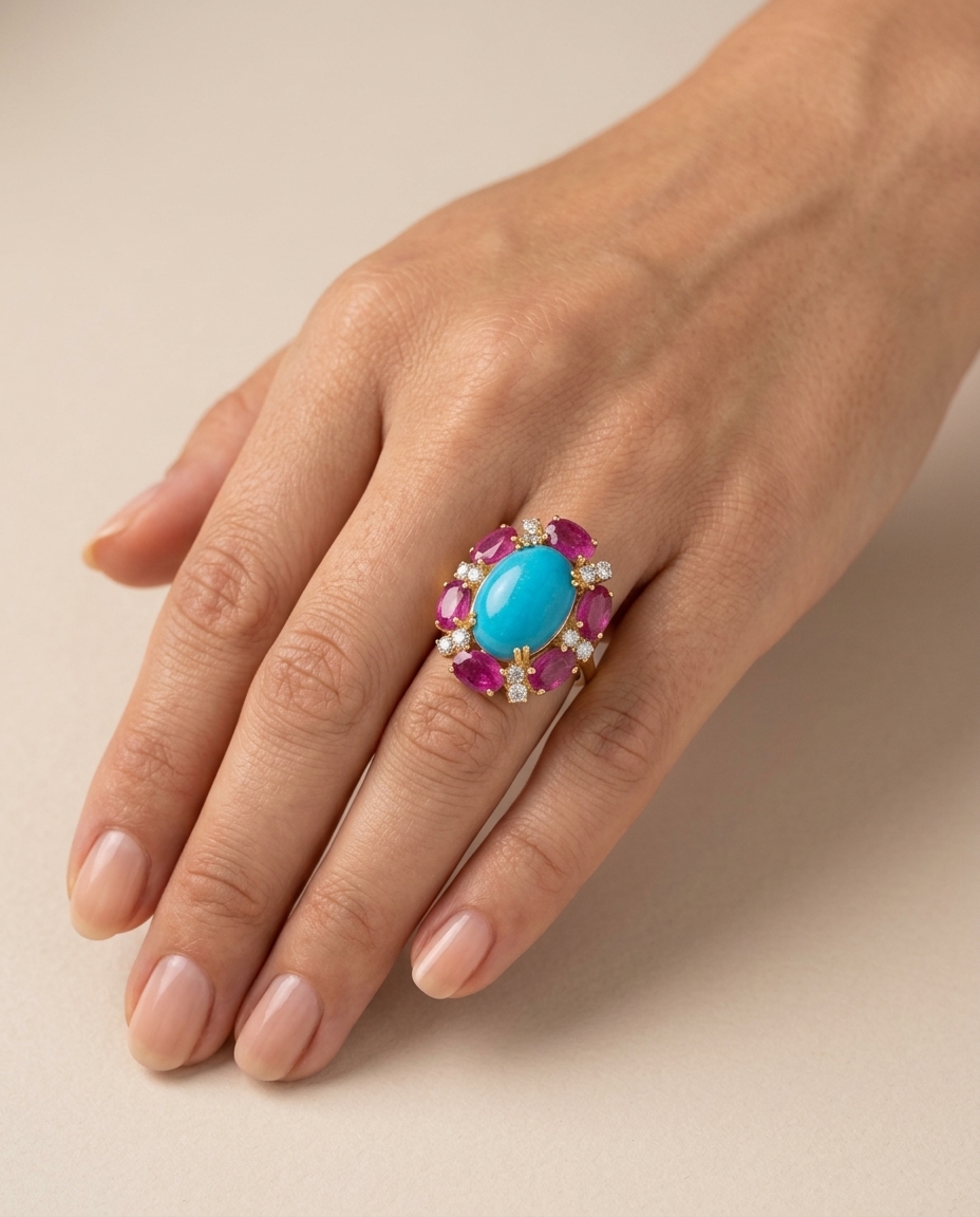 14KT Yellow Gold RUBY, Turquoise and Diamond Ring on model