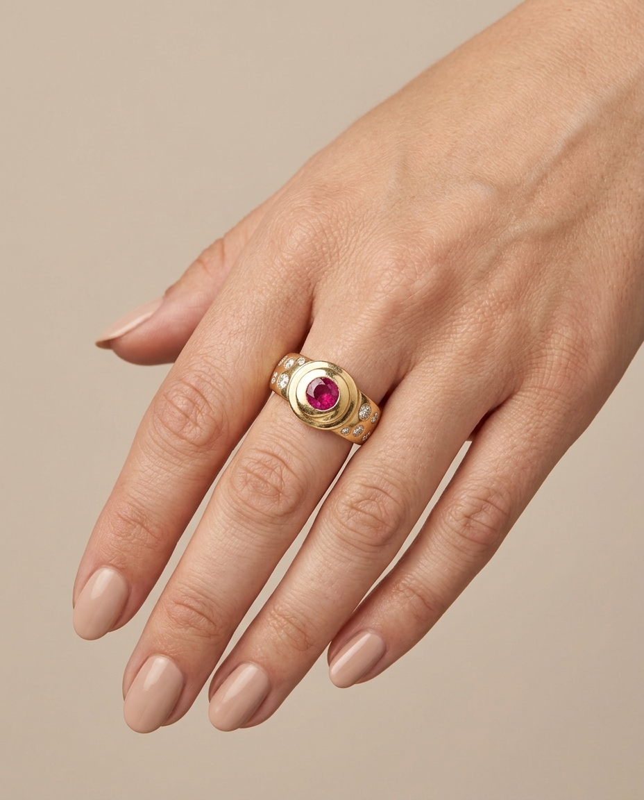 14KT Yellow Gold Ruby and Diamonds Ring on model