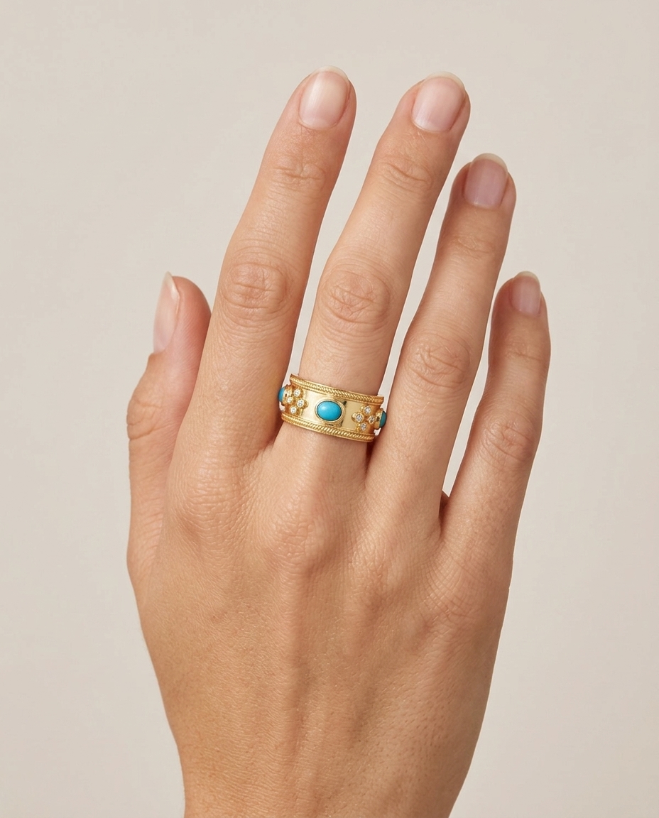 14KT Yellow Gold Turquoise and Diamonds Ring on model