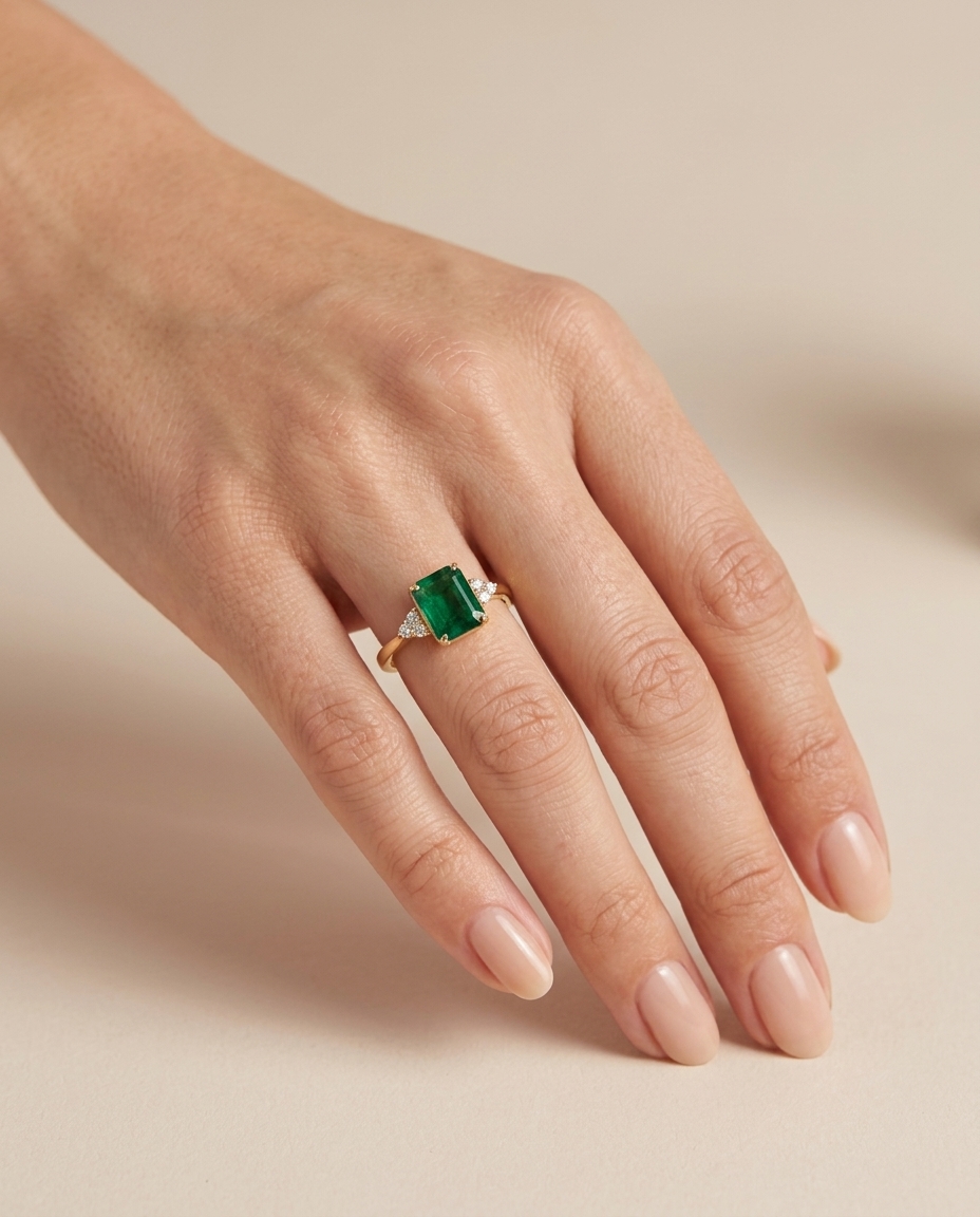 14KT Yellow Gold Emerald and Diamonds Ring on model