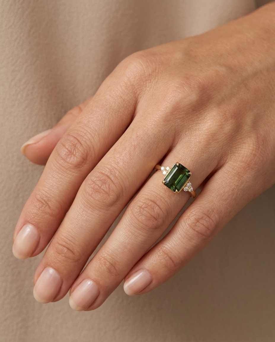 14KT Yellow Gold Green Sapphire and Diamonds Ring on model