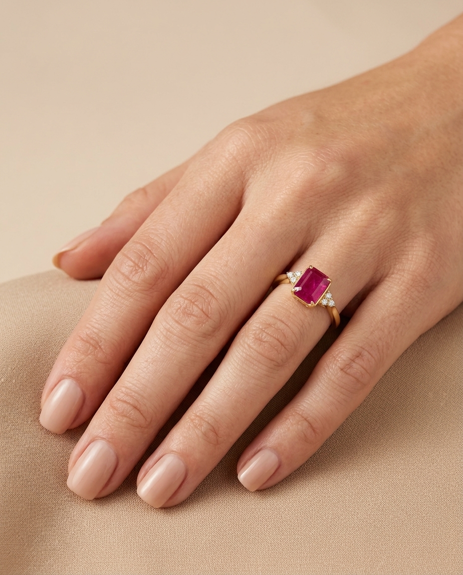 14KT Yellow Gold Ruby and Diamonds Ring on model