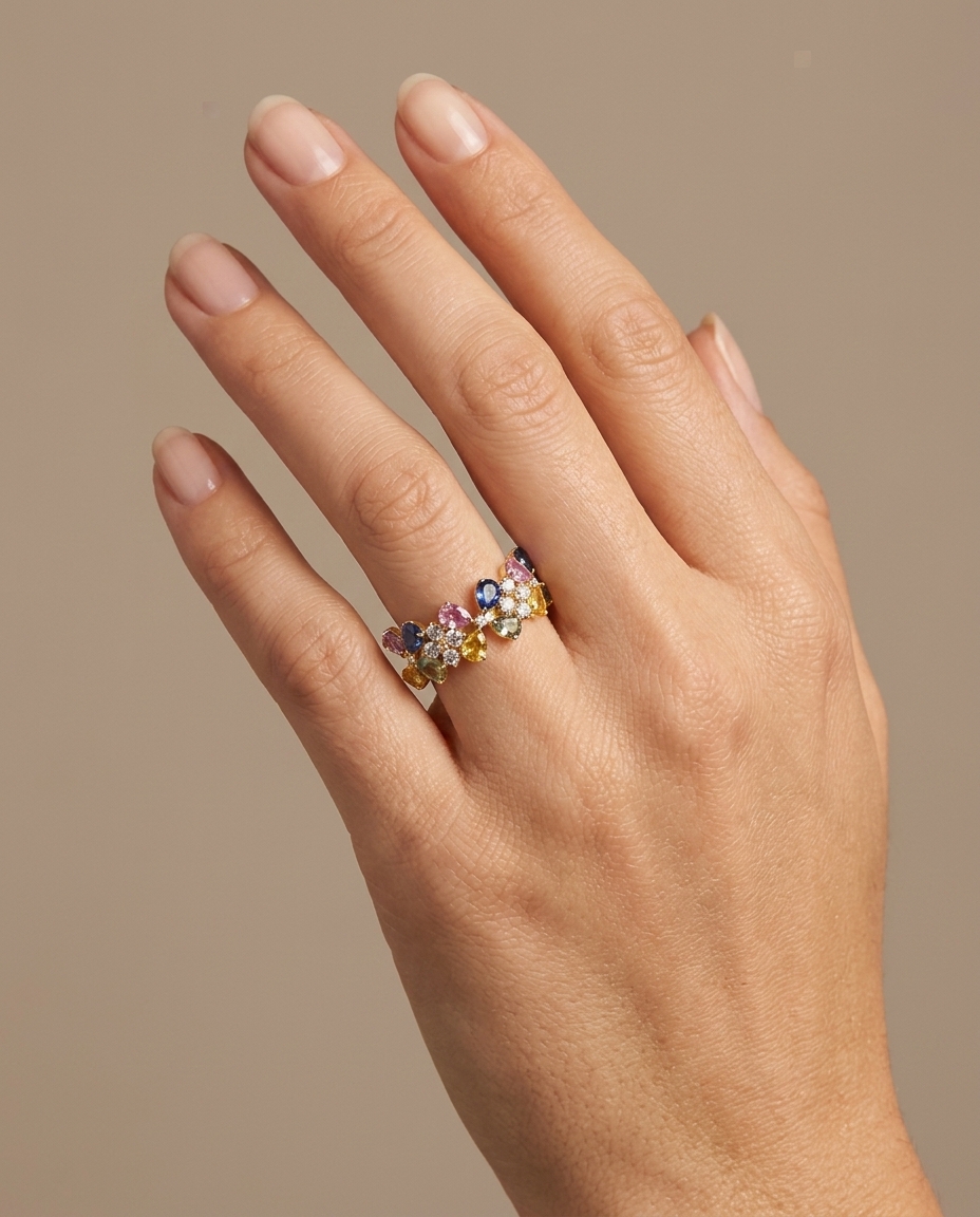 14KT Yellow Gold Multi Sapphire and Diamond Flower Ring on model