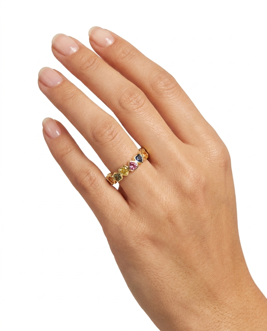 14KT Yellow Gold Bezeled Multi Sapphire Heart Eternity Band on model