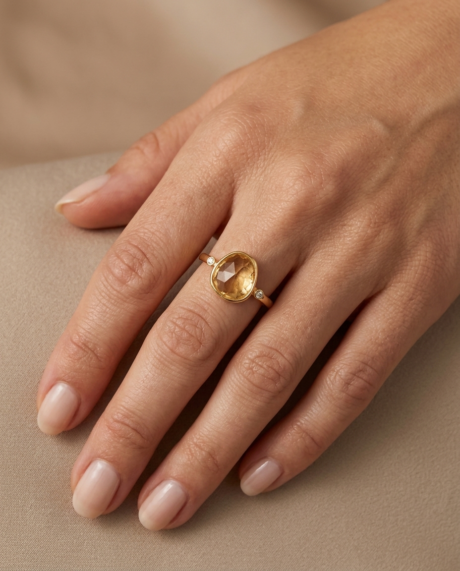 14KT Yellow Gold Imperial Topaz and Diamonds Ring on model