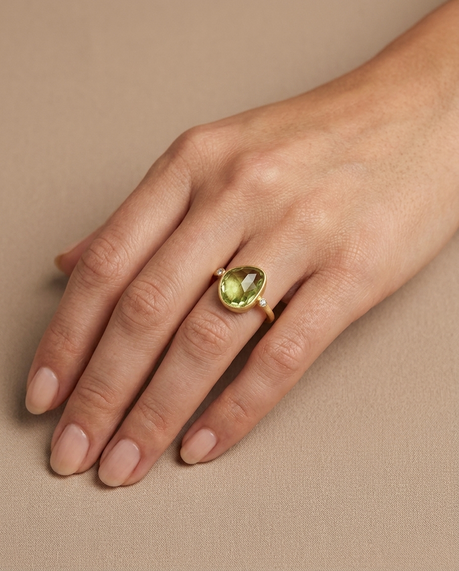14KT Yellow Gold Peridot and Diamonds Ring on model