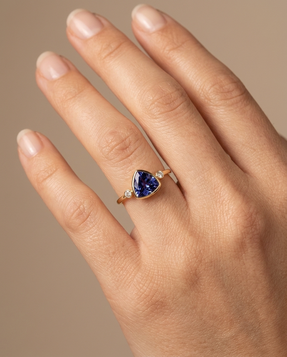 14KT Yellow Gold Tanzanite and Diamond Ring on model