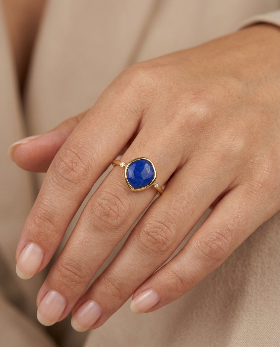 14KT Yellow Gold Lapis and Diamonds Ring on model