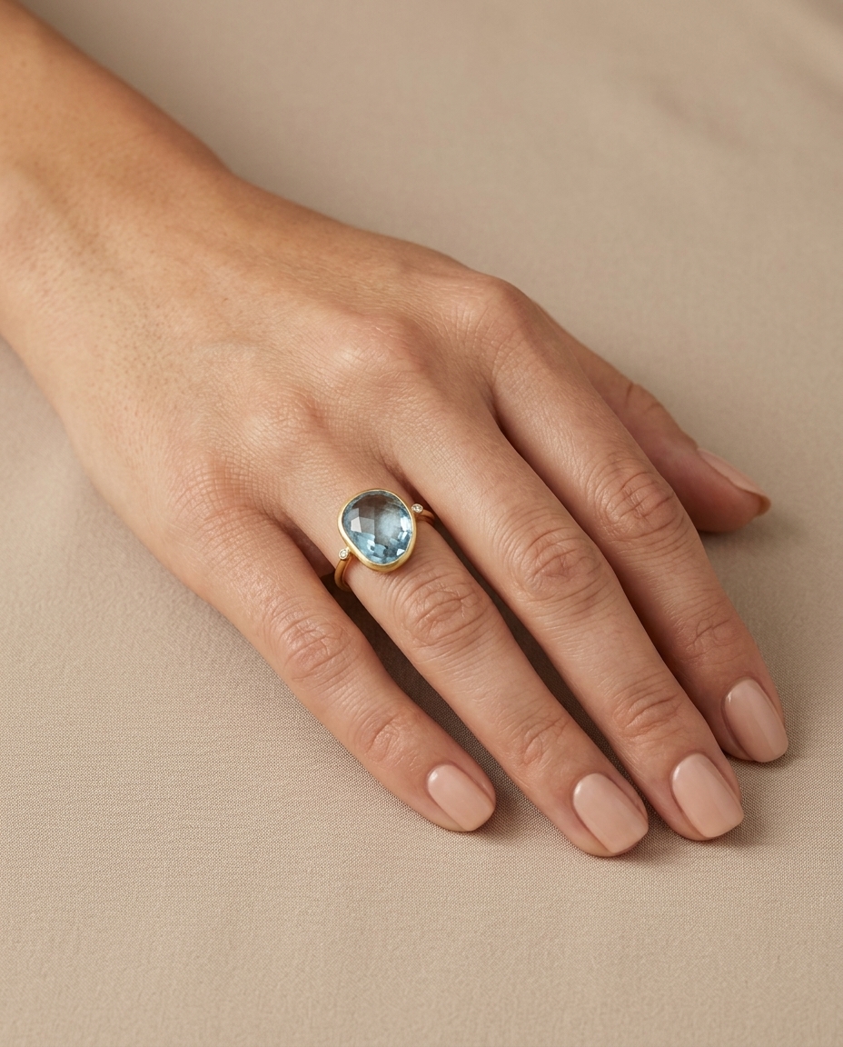 14KT Yellow Gold Topaz and Diamonds Ring on model