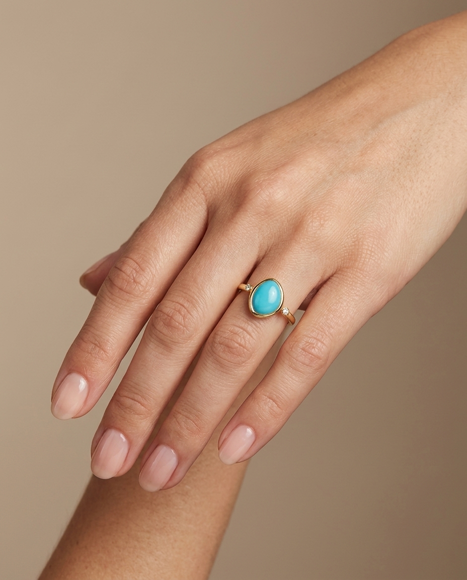 14KT Yellow Gold Turquoise and Diamonds Ring on model
