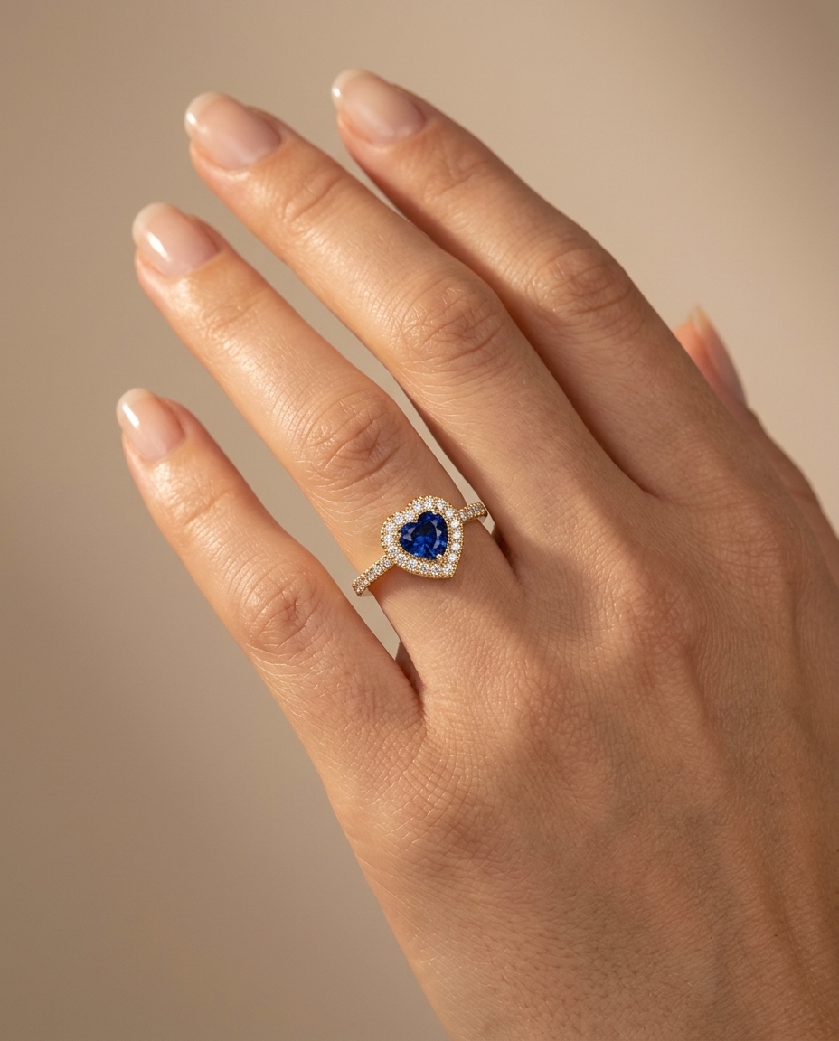 14KT Yellow Gold Heart Shape Blue Sapphire and Diamonds Ring on model