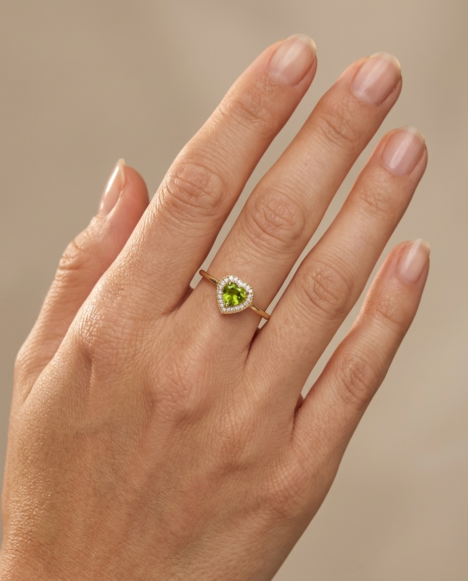 14KT Yellow Gold Heart Shape Green Tourmaline and Diamonds Ring on model